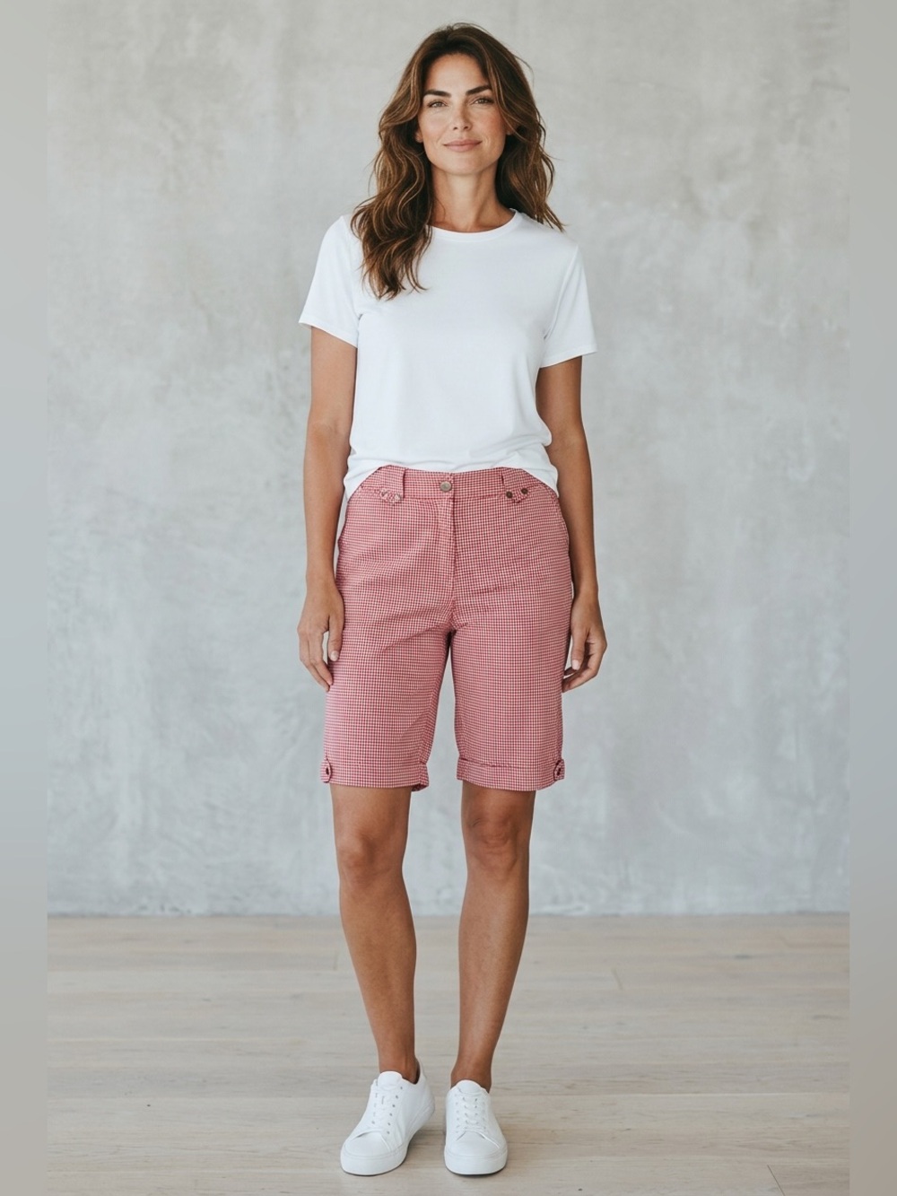 Larry Levine Red and White Gingham Bermuda Shorts